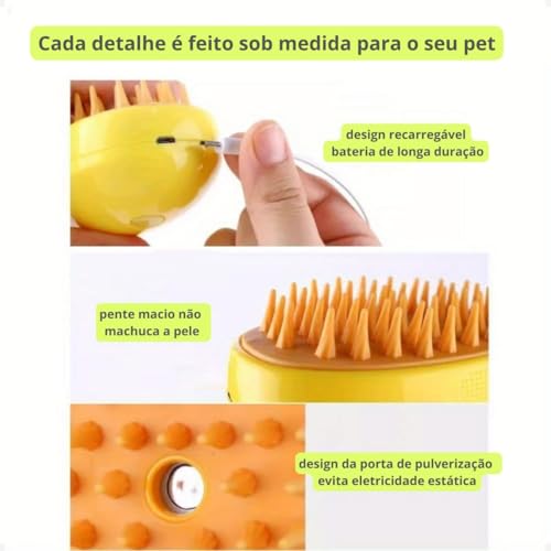 Escova Tira Pelo PET Recarregável a Vapor, Higienizadora e Desodorizadora para Cães e Gatos (Amarelo