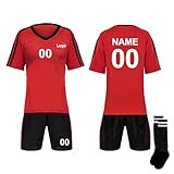 TopTie Custom Soccer Jersey, Shoulder Striped Soccer Shirts, with Jersey, Shorts and Socks-Red/Black-12Years