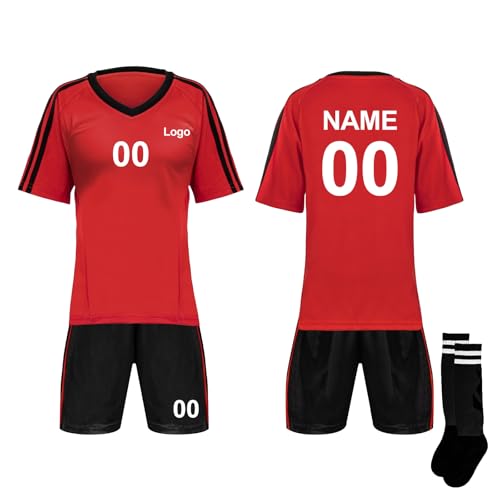 TOPTIE Camiseta de fútbol personalizada, camisetas de fútbol a rayas con hombros, con camiseta, pantalones cortos y calcetines, rojo/negro-M