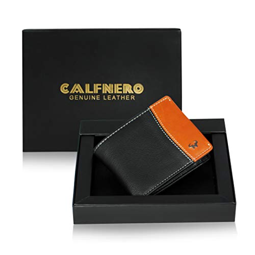 Image of Calfnero Men's Genuine Leather Wallet-Multiple Card Slots ID Window with Coin Pocket- Leather Wallet (Black-Cognac)