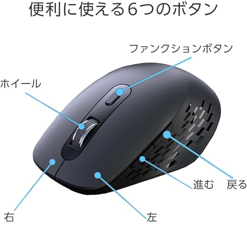 ワイヤレスマウス bluetooth 5.2 + 2.4GHz マウス 無線 静音 Type-C充電式 小型 戻る/進むボタン搭載 6ボタン 5DPI切替 3台デバイス同時接続可能 4000 DPI ゲーミングマウス 握りの極み デュアルモード Windows Mac iPad OS iOS Android ChromeOS対応 (ブラック)