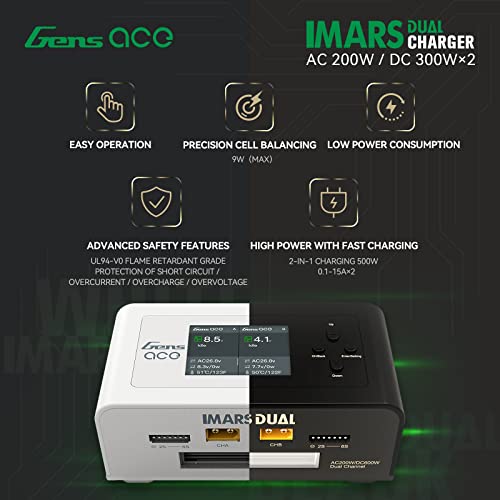 Gensace Lipo Battery Charger Imars Dual Lipo Charger 15A Ac 200W Dc 600W Balance Charger Dischager For 1-6S Lipo Li-Ion Life Lihv 1-15S Nicd Nimh Pb Smart Battery Rc Battery Charger（White） #TOP1