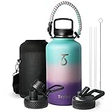 Trebo Water Bottle 64oz with Paracord Handle, Half Gallon Food-grade Double Wall Vacuum Stainless Steel Insulated Jug with Straw Spout Handle Lids, Leakproof Keep Cold & Hot Ombre:Hydrangea