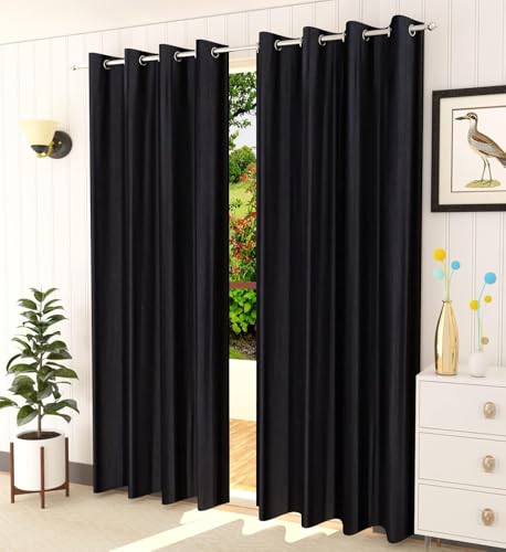 Image of Curtains 9 Feet Long for Living Room - Long Door Curtains Set 1 Pcs Panel, Solid Parda for Home Decor & Office Black Colour 9 feet (48 x 108 Inch) - 2 Pcs