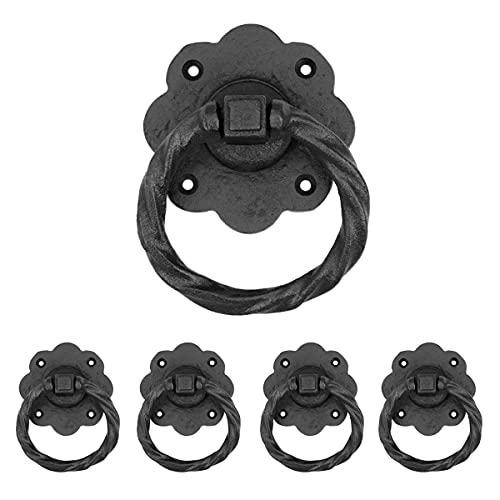 Renovators Supply Manufacturing Black Wrought Iron Cabinet Ring Pull Floral Roped Style 5 in. Antique RSF Rust-Resistant Powder Coat Finish Mounting Hardware Pack of 4