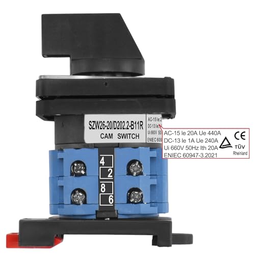 Heschen, Universeller Nockenschaltwerk-Umschalter, SZW26-20/D202.2-B11R, 35 mm DIN-Schienenmontage, 660V 20A EIN-AUS-EIN, 3 Positionen, 2 Phasen, 8 Klemmen, CE/TUV-gelistet
