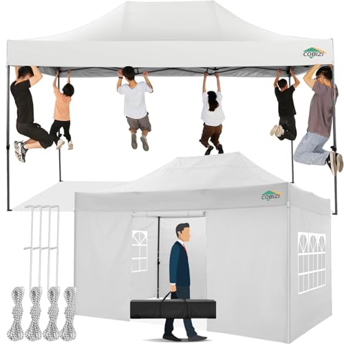 COBIZI 10x15 Pop up Canopy Tent 10x15 Canopy with 4 Sidewalls Waterproof Heavy Duty Commercial Canopy Tent for Parties Outdoor Tent Garden Gazebo Tent, Carry Bag(10x15ft, White)