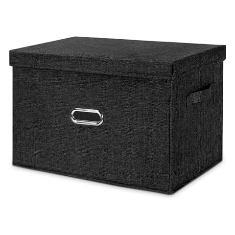 Valease Large Linen Fabric Foldable Storage Bins with Removable Lid and Handles, Washable Storage Box Organizer Containers Baskets Cube with Cover for Bedroom,Office(Black, Medium) Cover