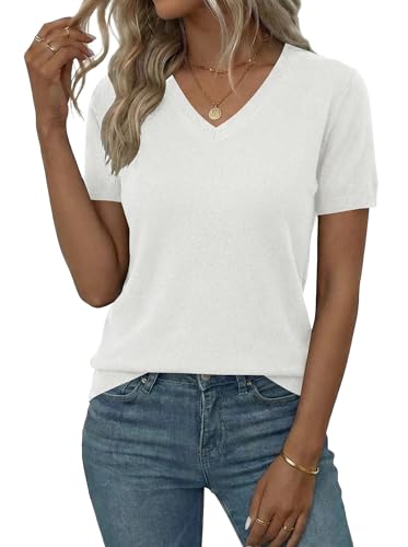 LaGracia Sweater for Women V Neck Short Sleeve Summer Spring Sweaters Wool Blend Business Casual Tops White S