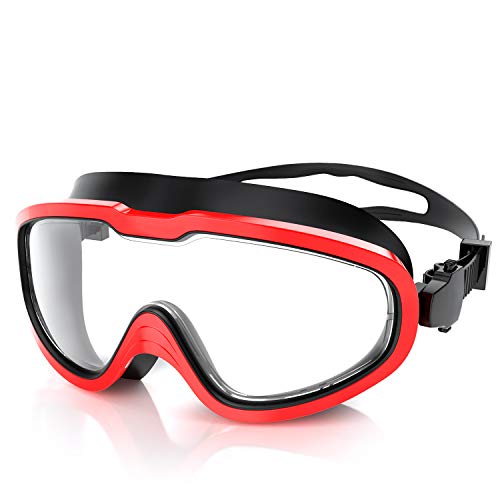Gafas de natación unisex QcoQce, correa ajustable con protección UV y antiniebla, gafas de buceo para adultos y niños, incluye tapones para los oídos y pinzas para la nariz, Negro y rojo para niños.