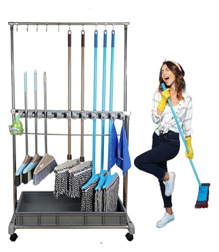 Broom Mop Holder Utility Floor Standing Cleaning Tool Cart,Housekeeping Supplies,Garden Tool Organizers And Storage, Umbrella Stand,Put Wet Mops,Home,Bathroom,Housekeepin,Single Deck,5Slots