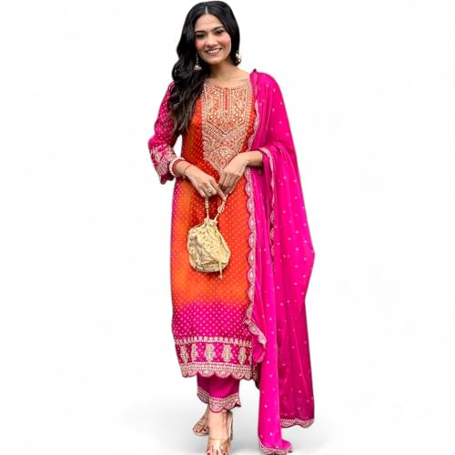 RANGMAHAL Kurta Pant Set for Women – Heavy Hand Work Embroidery Indian Tunic Kurta Dress – Chinon Silk Straight Kurti Palazzo Set with Dupatta-X-Large