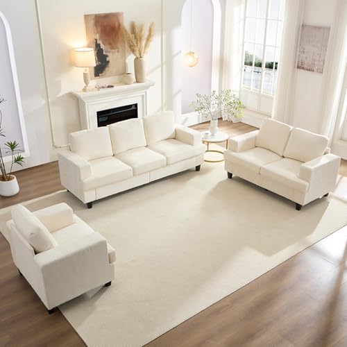 Mjkone - Mjkone 82" Width 3 Pieces Living Room Sofa Set, 3 Seater Sofa Couch and Loveseat Sets with Armchair, Modular Sectional Couch Furniture Set, Sofas Couches Sets for Living Room Bedroom Apartment, Beige