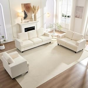 Mjkone 82″ Width 3 Pieces Living Room Sofa Set, 3 Seater Sofa Couch and Loveseat Sets with Armchair, Modular Sectional Couch Furniture Set, Sofas Couches Sets for Living Room Bedroom Apartment, Beige