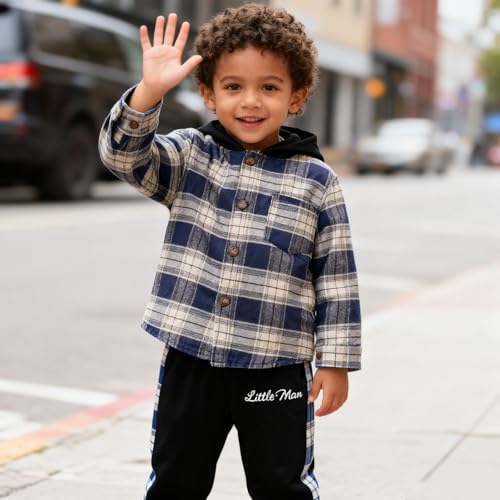 Image of OLMRJKD Toddler Baby Boy Clothes Plaid Long Sleeve Hoodie Sweatshirt + Pants 2pcs Boys Outfit Set
