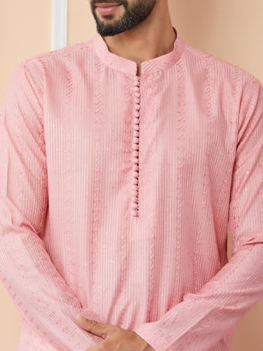 Image of See Designs Men's Long Sleeve Mandarin Collar Side Slit Embroidered Thread Work Sequinned Chanderi Silk Straight Kurta with Pyjama