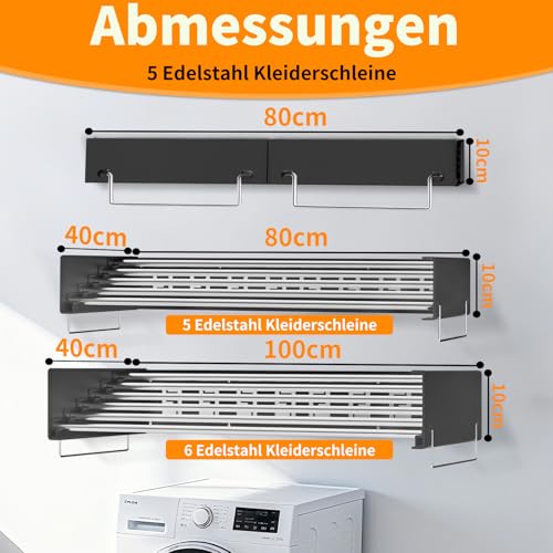 FREEAMG Wäscheständer Wandmontage, 80CM Klappbarer Wandtrockner mit Fünf Edelstahl-Kleiderstangen, Wäscheständer Wand mit 4M Trockenlänge, 25 KG Tragkraft,für Drinnen oder Draußen (Schwarz)