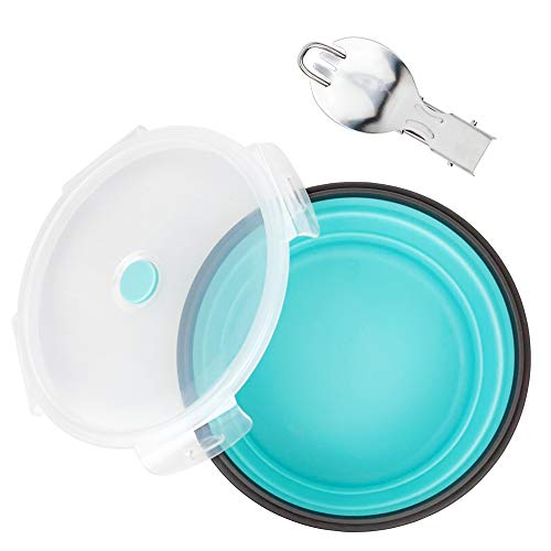 Ccyanzi 1200Ml Collapsible Camping Bowl Silicone Food Storage Container With Lid And Foldable Stainless Steel Fork Spoon, For Picnic, Travel, Camping, Rv, Fridge And Microwave Bowls(Round, Blue) #TOP1