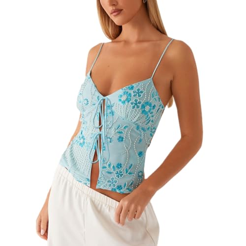 MISSACTIVER Womens Y2K Sequin Cami Tops Sexy Sparkle Lace Up Crop Top Tie Front Backless Low Cut V-Neck Straps Tank Top Blue