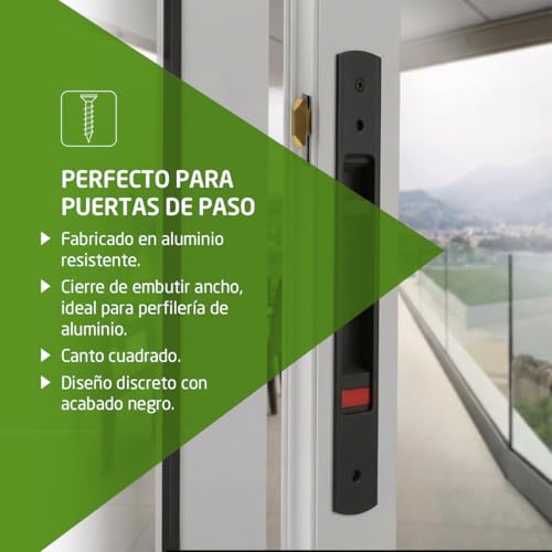 Miniatura 3 de Amig - Cierre De Embutir Para Ventanas Y Puertas Correderas De Aluminio - Cerradura De Gancho Para Empotrar - Medidas: 192 X 28 Mm - Color Negro - Canto Cuadrado - Instalación Con Tornillos