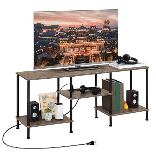 Image of OYEAL 50 inch TV Stand for Living Room Small Entertainment Center with Storage Shelf & Power Outlets, Modern Farmhouse TV Console Table Media Cabinet for Bedroom, Rustic Grey