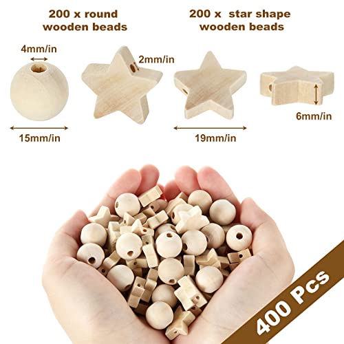 Pack Of 400, Unfinished Wood Bead Wood Star Beads, Christmas Wooden Beads For Crafts, 200 Natural Loose Round & Shape Beads, For Jewelry Making, Diy, Christmas Ornaments, Hanging Decorations #TOP1
