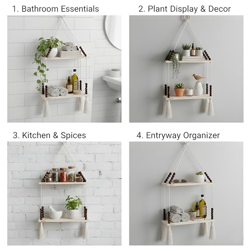 Image of 2-Tier Hanging Shelf with Wall Hook, Use Decor Plants, Books, Decorative Gift Items Nursery Livingroom Wooden Beads & Ring, Tassels Woven Bohemian