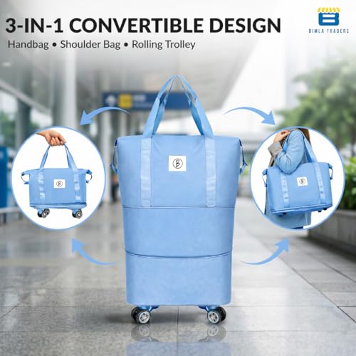 Image of Btag Travel Duffle Bag with Wheels | Convertible Handbag, Trolley & Shoulder Luggage for Clothes | Space-Saving Foldable Travel Companion | Expandable & Waterproof Traveling Bag for Unisex (Ice Blue)