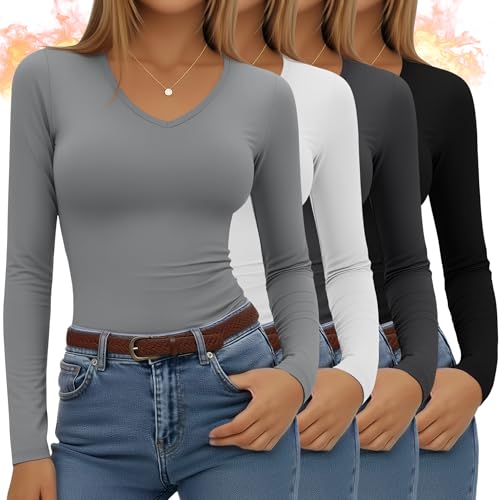 Velvelhall 4 Pack Women's Long Sleeve Thermal Shirts Fleece Lined