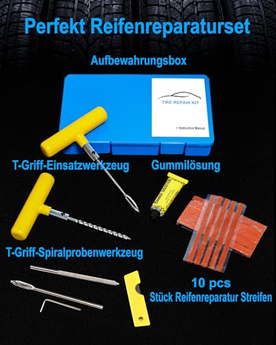 Beanewone Reifenreparaturset, Reifenreparaturset Auto Geeignet für schwere Nutzfahrzeuge, Geländefahrzeuge, Motorräder und LKW-Reifen, Autoreifen Reparaturset, Notfall-Reifenreparatur