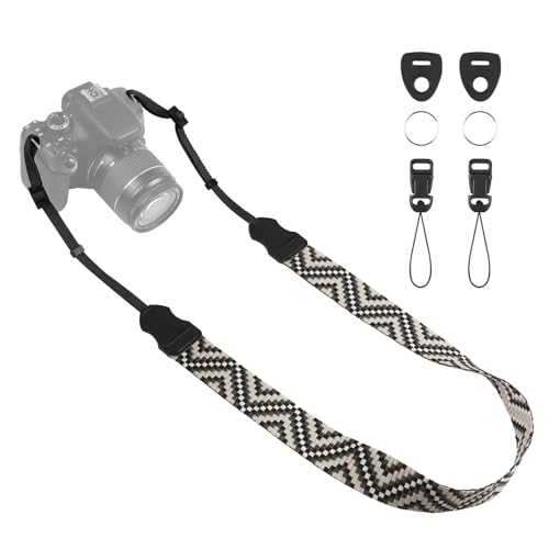 Image of Universal Camera Strap - Camera Neck Strap, Adjustable Shoulder Straps Compatible with Canon, Fujifilm, Nikon, Olympus, Panasonic and other SLR and mirrorless cameras - Black White Gquares