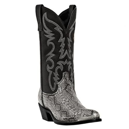 ByErz Men's Cowboy Western Boots Durable Comfortable Wide Calf Snake Print Square Toe Boots