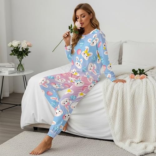 Image of Womens Lounge Set Long Sleeve Soft Pajama Sets Casual 2 Piece Pj Outfit Crewneck Sleepwear with Pockets Plus Size
