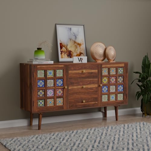 Image of VAP Solid Sheesham Wood Sideboard Cabinet with Glass Doors & 3 Drawers | Wooden Crockery & Buffet Cabinet For Living Room, Dining Room & Kitchen | Modern Crockery Cabinet | Honey Finish