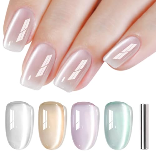 Shining She Esmalte Semipermanente de Uñas en Gel UV LED,4 Colores Agua Brillante Jelly Glass Cristal Nude Blanco Amarillo Verde Rosa Ojo de Gato Semipermanente para Manicura Salón, 8ML