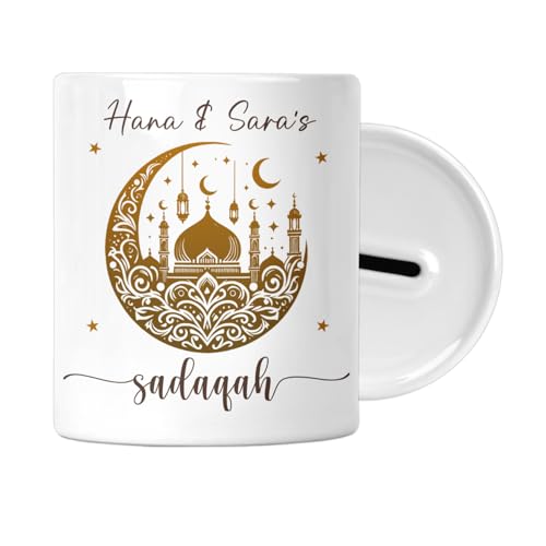 Personalised - Sadaqah Jar - Money Saving Box - Islamic Gift for Men or Woman - Eid Ramadan Muslim - Kids Boys or Girls - Charity - Gold Moon, Mosque, Stars