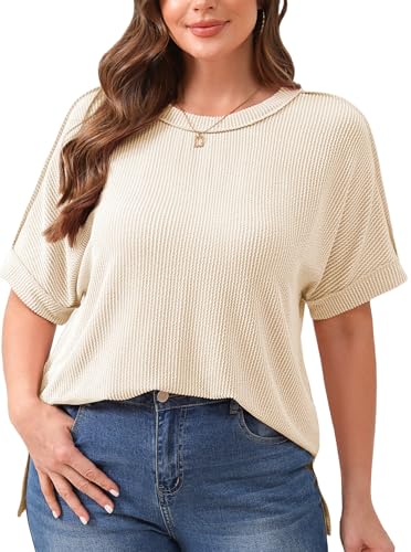 DOMODO Womens Plus Size Tops Short Sleeve Shirts Dressy Ribbed High Low Hem T-Shirts Summer Elegant Crewneck Loose Tunics Beige X-Large