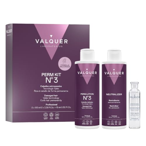 VALQUER Kit de Permanente Profesional No3 para Cabello Estropeado | 215 ml | Tratamiento Moldeador de Rizos Permanentes | Define el Pelo Rizado con Tecnología Vplex y Suavidad Efecto Seda