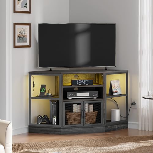 DWVO Corner TV Stands, Corner Entertainment Center, TV Cabinet with Power Outlet, LED Light Strip and Adujustable Shelf, Space Saver Hexagon Small TV Consoles for Living Room, Dark Grey