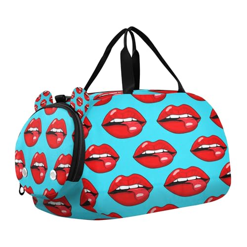 Red Lips Kids Overnight Sports Duffel Bags with Shoe Compartment & Wet Pocket Travel Sport Gym Bag for Girls Boys
