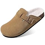 KIDMI Women's Fur Lined Suede Clogs Fuzzy Cork Footbed Mules Slip On Winter Potato Shoes, Brown 41 (Size 9.5)