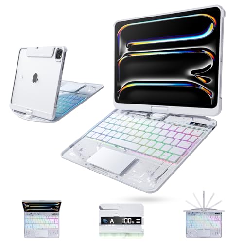 Image of Clear Wireless Keyboard Case for iPad Pro 13 Inch M5 /M4 2025 /2024 with Pencil Holder & Multi-Touch Trackpad, Visible PCB High-Tech Style, 3-Brightness & 7-Color Backlight, 360 Rotatable,White