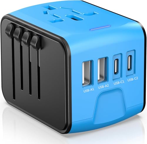 Image of JMFONE Universal Travel Adapter, 4 USB C /A Ports & 2500W AC Outlets, All-in-One International Power Plug Adapter for All USB Devices, Worldwide Travel Charger for Europe US UK AU 200+ Countries (Blue)