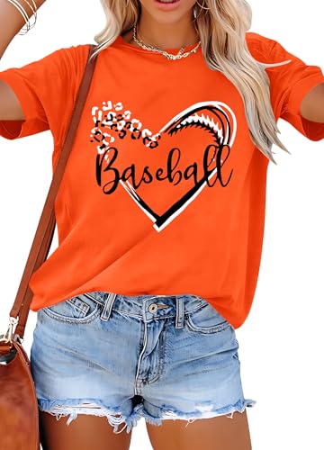 Baseball Shirts for Women Baseball Mom Shirt Ballgame Graphic T-Shirt Game Day Tee Casual Short Sleeve Tops Orange