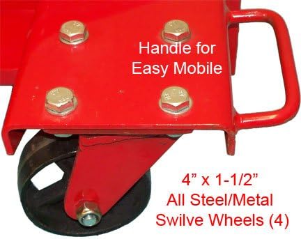 Close-up of the jack's handle and swivel caster wheel