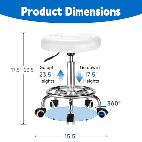 Image of Round Rolling Stool: Adjustable Height, 360Smooth Swivel, Stool with Wheels and Footrest, PU Leather, Rolling Stool Chair Compact for Massage, Tattoo, Salon Stool Weight Capacity 300LBS (White)