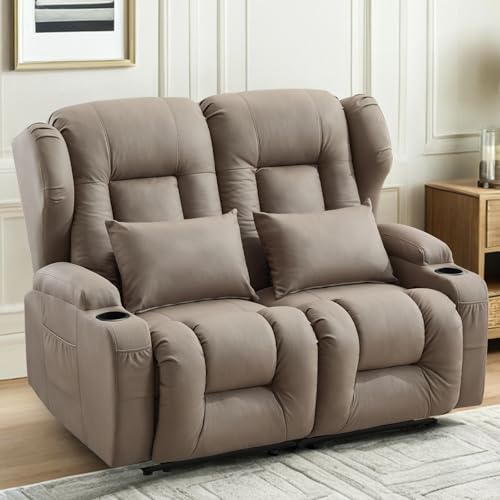 Image of Loveseat Recliner Sofa,RV Wall Hugger Recliners for Small Spaces,Reclining Loveseat Sofa Recliner with Cup Holders /Lumbar Pillows,RV Furniture (Khaki, 56 inch 2-Seater)