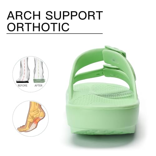 Kricely Women and Men Recovery Sandals Plantar Fasciitis Arch Support Orthotic Slides Adjustable Double Buckle Thick Sole Slippers（Green Women 7-7.5 Men 5-6）2