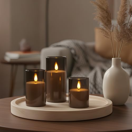 Image of NICEME Flickering Flameless Candles with Remote Timer Unbreakable Acrylic Battery Operated LED Candles with Flickering Flame 3D Wick for Romantic Ambience Home Decor Set of 3, D3 inch xH4 inch 5 inch 6 inch Gray