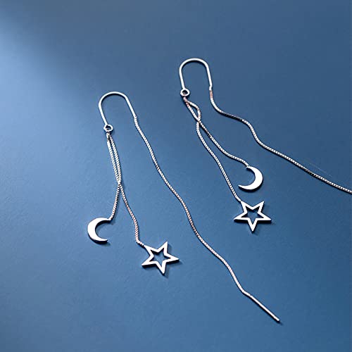 Reffeer Solid 925 Sterling Silver Moon Star Threader Dangle Earrings Chain for Women Teens Long Dangle Earrings Tassel Chain4